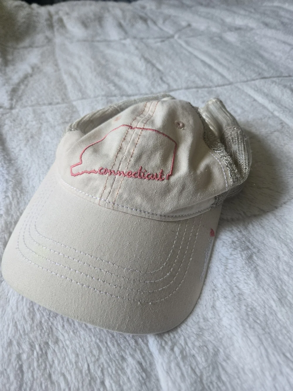 Cream Baseball Cap with Pink Connecticut Outline Embroidery